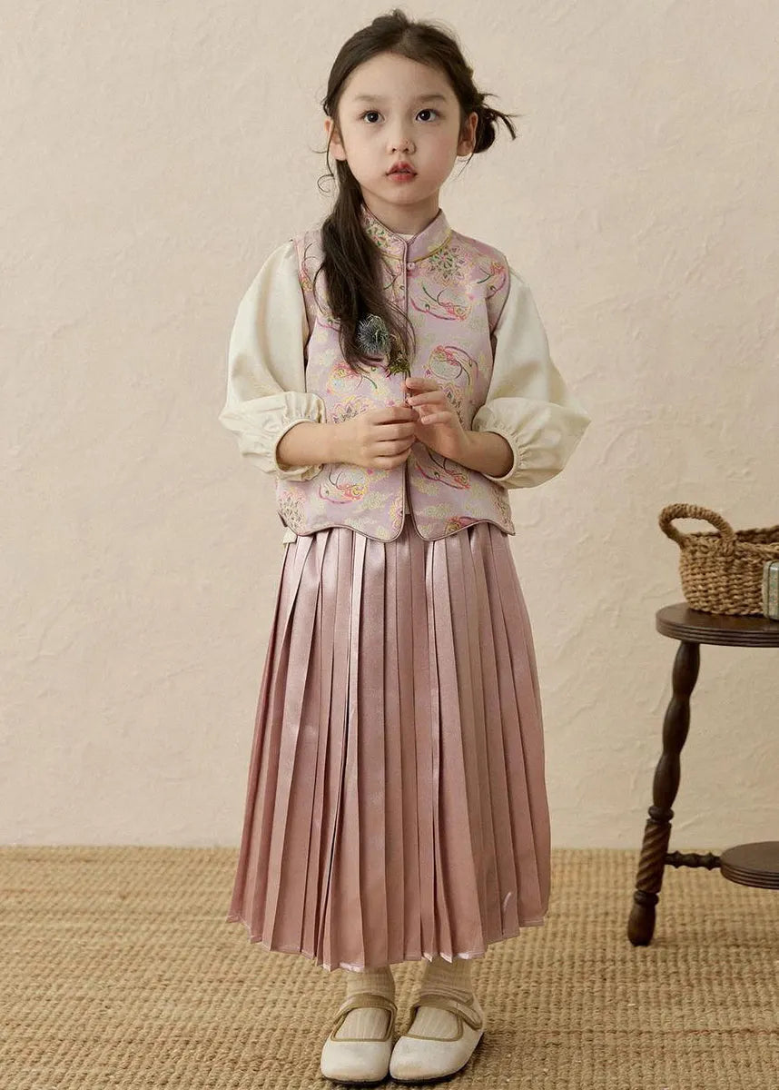 Chinese Style Print Stand Collar Print Kids Waistcoat Top and Maxi Skirts Three Pieces Set Spring