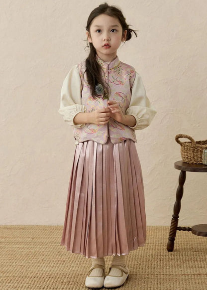 Chinese Style Print Stand Collar Print Kids Waistcoat Top and Maxi Skirts Three Pieces Set Spring