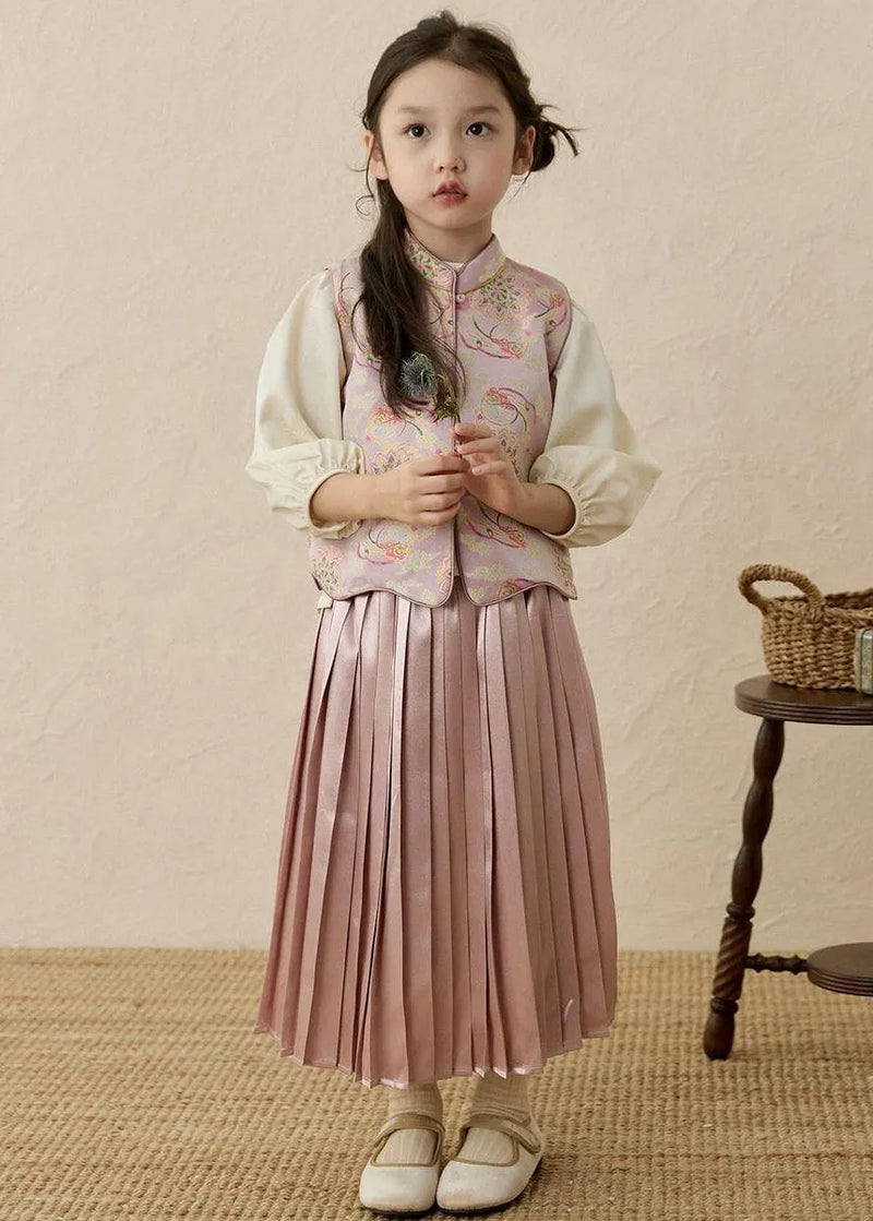 Chinese Style Print Stand Collar Print Kids Waistcoat Top and Maxi Skirts Three Pieces Set Spring