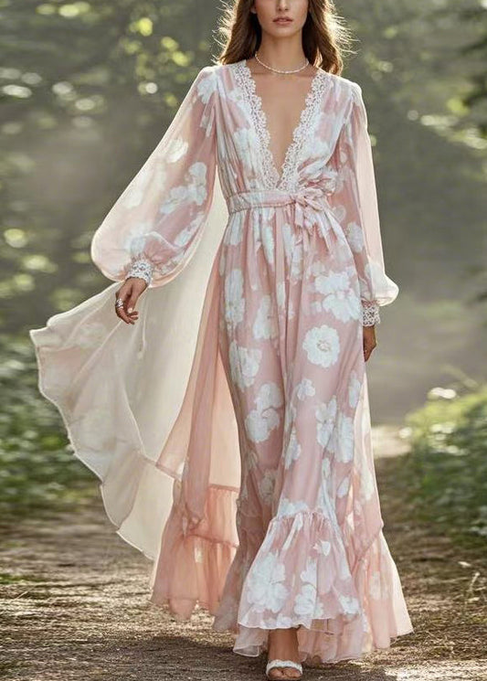 Pink V Neck Tie Waist Chiffon Holiday Dress Spring