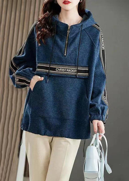 Blue Hooded Pockets Patchwork Cotton Sweatshirts Long Sleeve