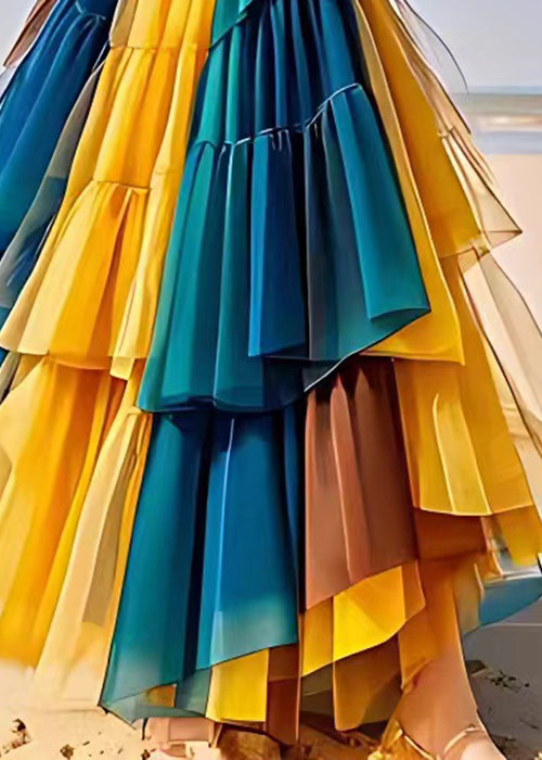 Yellow Wrinkled Elastic Waist Tulle Patchwork Skirts Summer