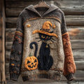 Halloween Black Cat With Witch Hat & Pumpkin Women's Knit Hooded Sweater elevenforest