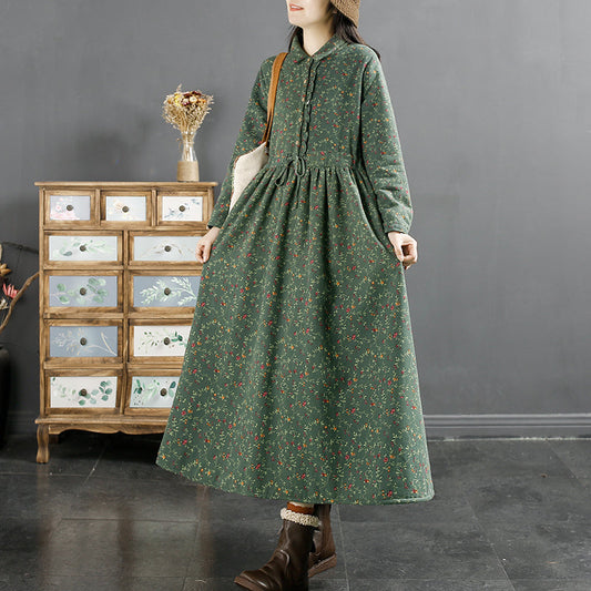 Winter Retro Furred Cotton Linen Dress