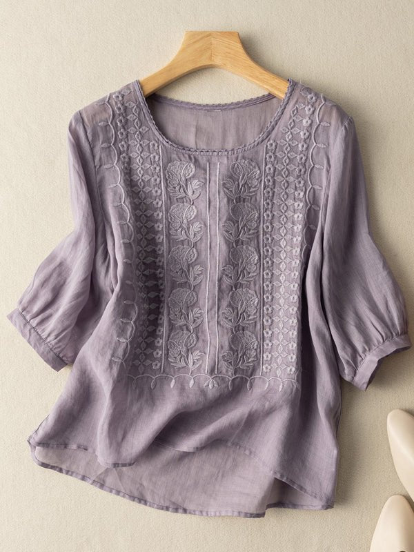 Embroidered Round Neck Half Sleeve Linen Tee Top
