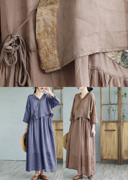 Coffee Print Tie Waist Linen Linen Top and Maxi Skirts Half Sleeve