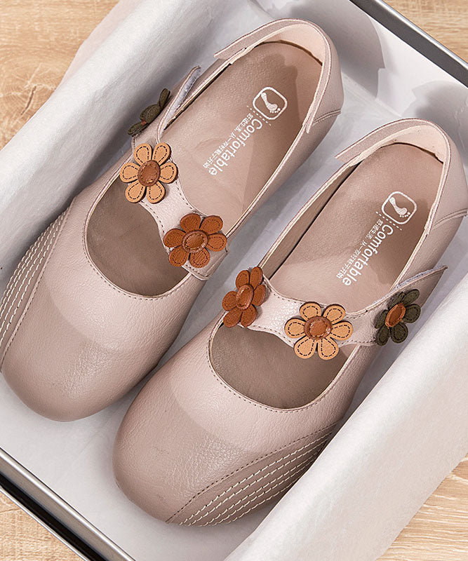 Buckle Strap Flat Shoes for Apricot Cowhide Leather