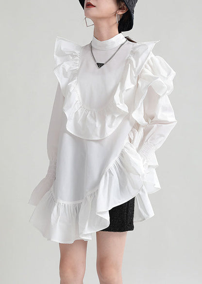 White Patchwork Cotton Shirt Top Ruffled Color Fall