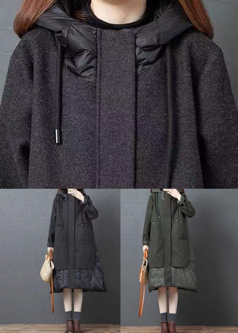 Green Pockets Patchwork Thick Long Coat Zip Up Long Sleeve