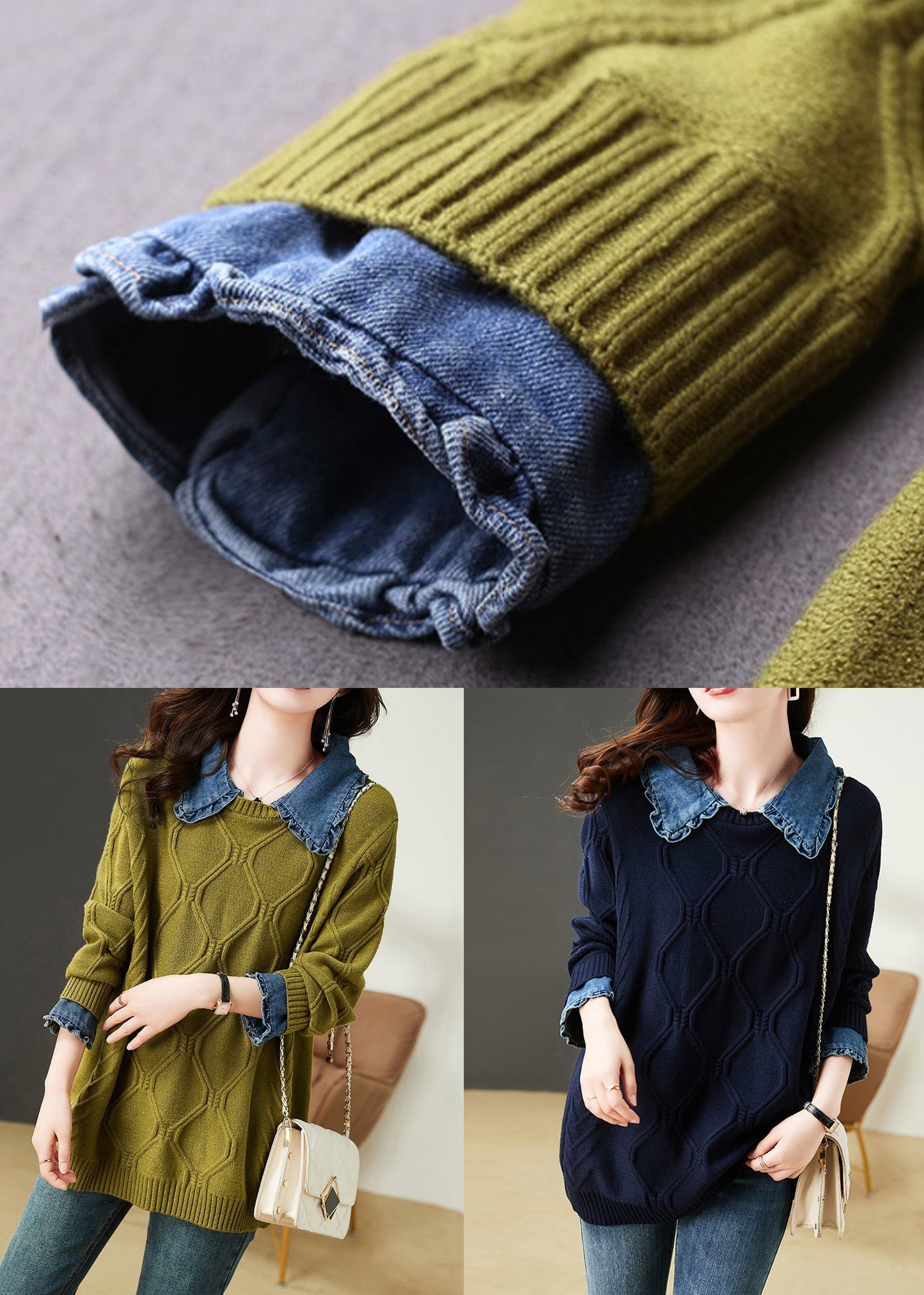 Navy Ruffled Patchwork False Two Pieces Cotton Knit Top Long Sleeve