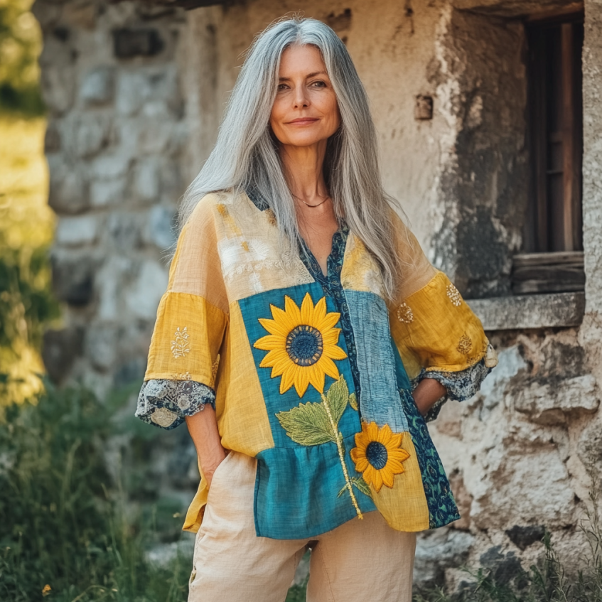 Bohemian Sunflower Linen Floral Art Print Long Sleeve V-neck Shirt elevenforest