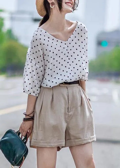 Linen Blouse Linen Dot V-neck Blouse