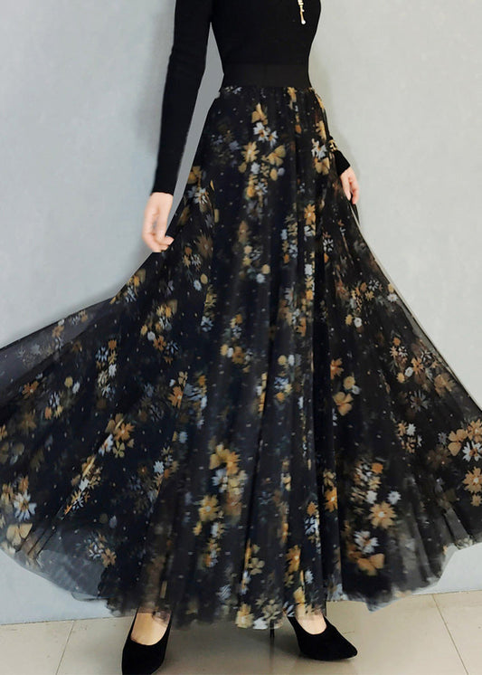 Black Print High Waist Maxi Skirts Spring