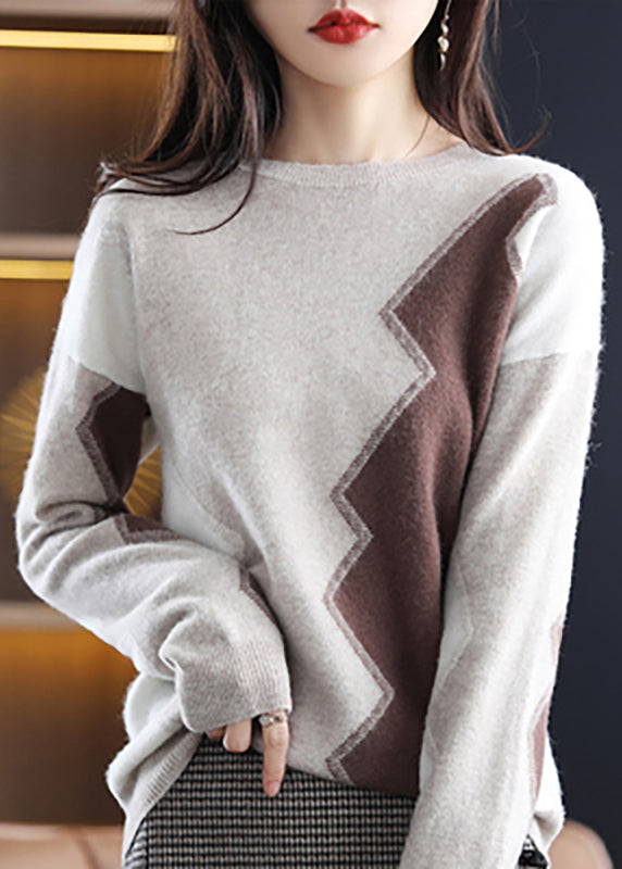 Grey O Neck Asymmetrical Patchwork Wool Sweaters Fall