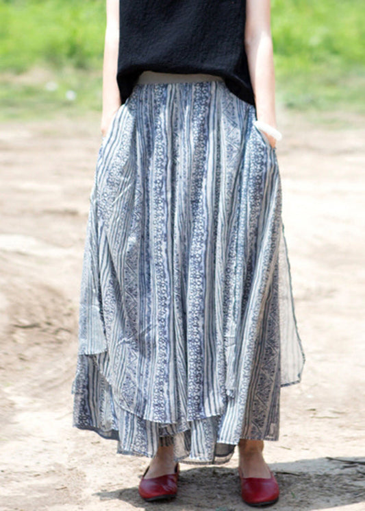 Blue Pockets Print Silk Wide Leg Pants Skirt Summer