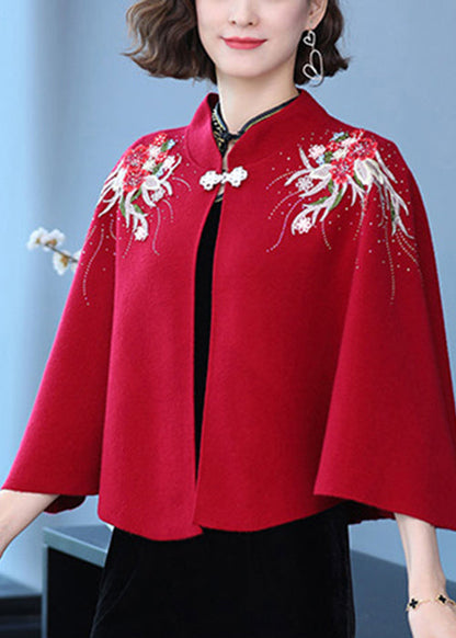 Wine Red Stand Collar Embroidered Patchwork Woolen Coats Fall