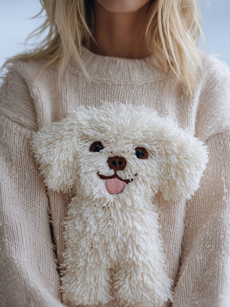 Cute Fuzzy Dog Embroidered Cozy Knit Sweater artswardrobe