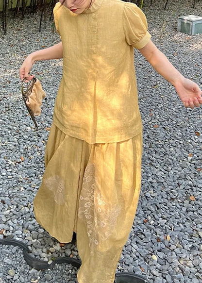 Yellow Lace Patchwork Tops and Skirts Cotton Two Pieces Set Summer