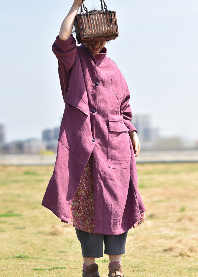 Black Stand Collar Pockets Linen Coat Spring