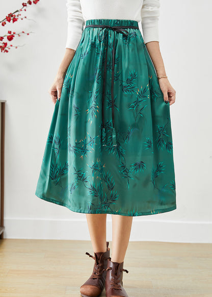 Green Embroideried Bow Silk a Line Skirt Fall