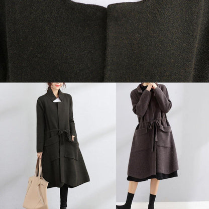 Fine Fall Coat Army Green Square Collar Tie Waist Woolen Coats