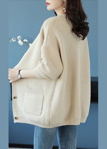 Beige V Neck Pockets Patchwork Cashmere Loose Coat Fall