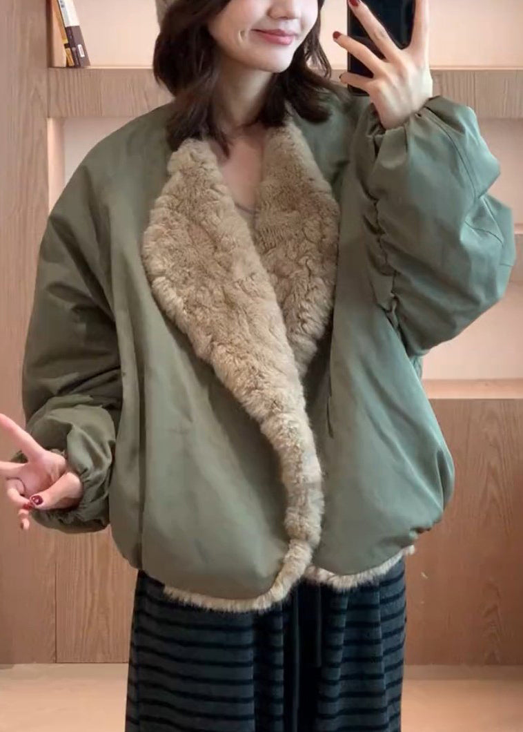 Loose Green Pockets Wear on Both Sides Fluffy Coats