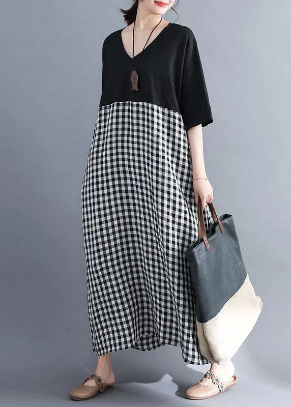 Loose V Neck Cotton Clothes Shirts Black Patchwork Maxi Dresses Summer