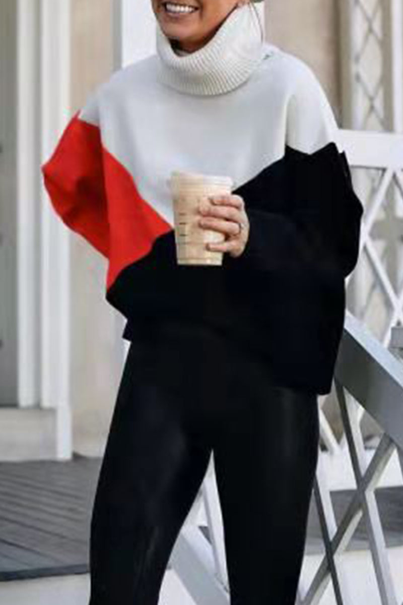 Work Color Block Patchwork Turtleneck Tops