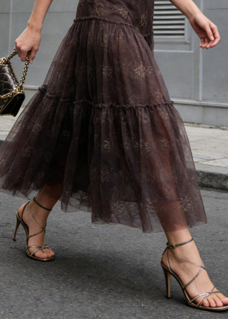 Brown Wrinkled Patchwork Tulle Skirts Summer