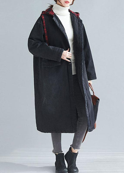 Unique Denim Black Fine Coats Inspiration Hooded Patchwork Outwears