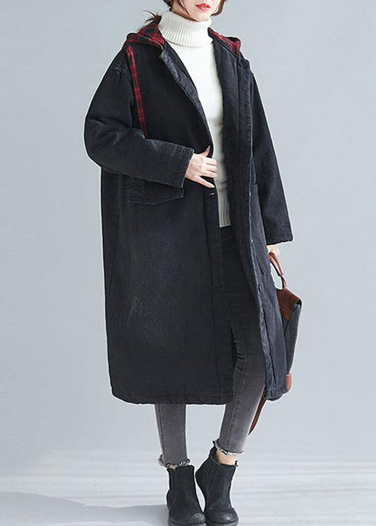 Unique Denim Black Fine Coats Inspiration Hooded Patchwork Outwears