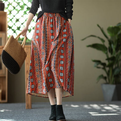 Retro Print Cotton Linen A-line Skirt