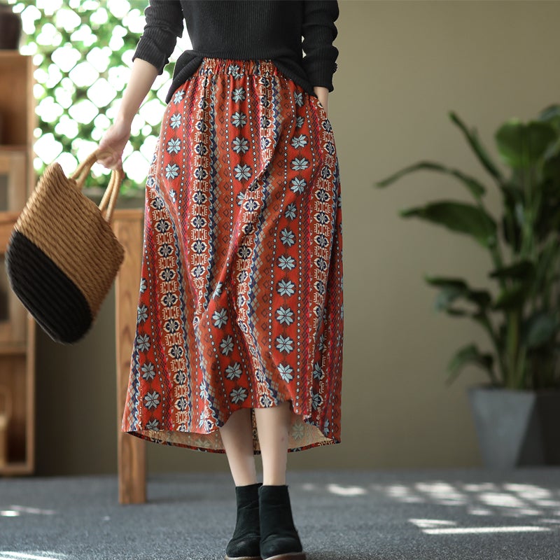 Retro Print Cotton Linen A-line Skirt