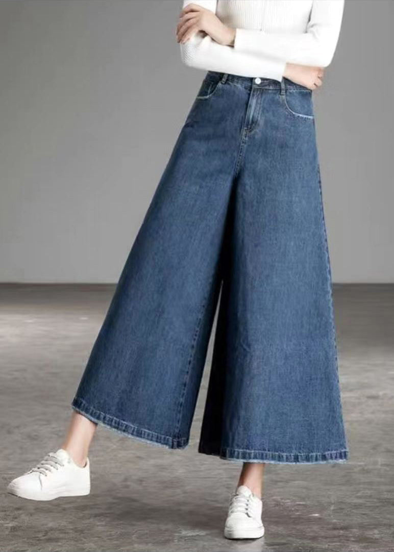 Navy Pockets Cotton Flare Pants Skirt High Waist Draping Summer