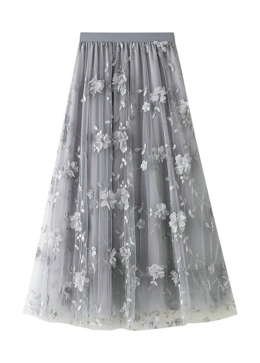 Simple Grey Embroideried Elastic Waist Tulle a Line Skirts Spring