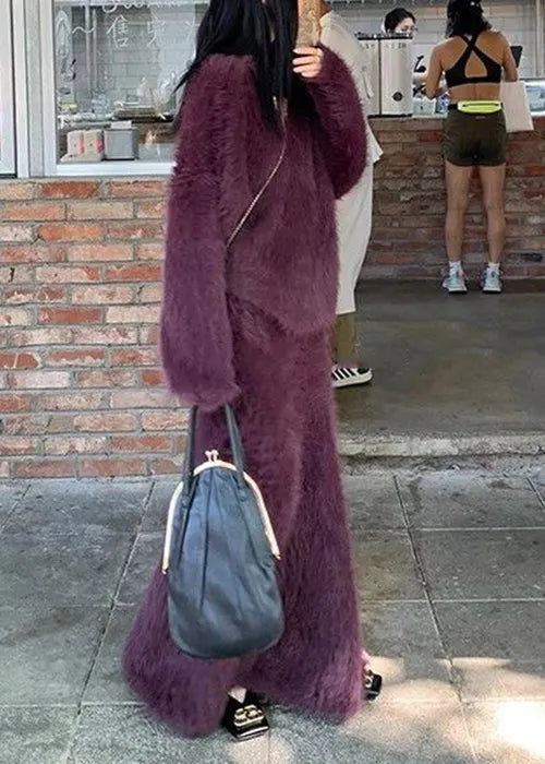 Loose Purple O-neck Tops and Skirts Mink Velvet Two Pieces Set Spring