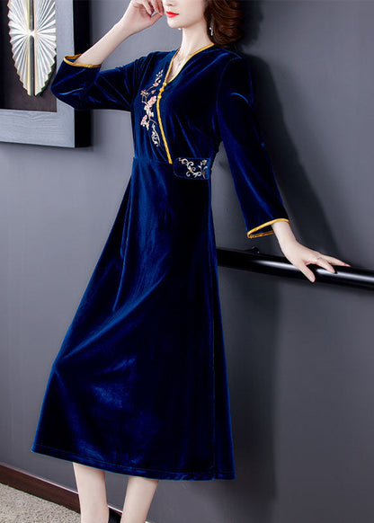 Dark Blue V Neck Embroidered Silk Velour Holiday Dress Long Sleeve