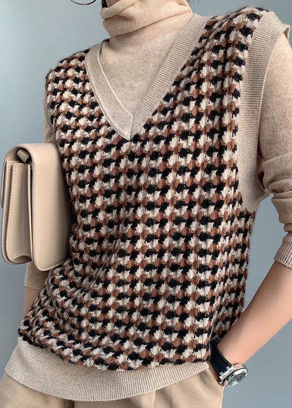 Camel V Neck Plaid Cotton Knit Waistcoat Fall