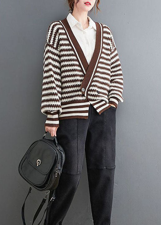 Coffee V Neck Striped Cozy Knit Coat Outwear Spring