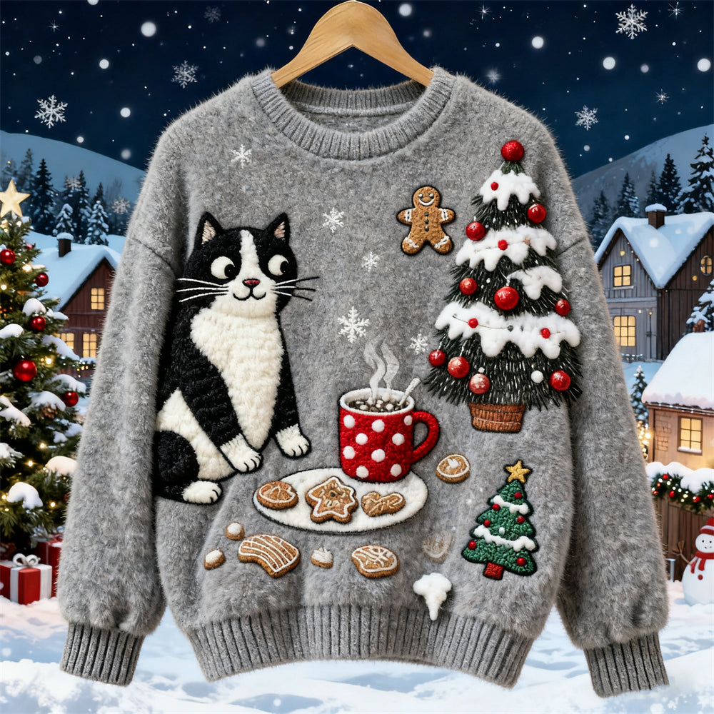 Comstylish Christmas Cute Felt Cat Art Women's Knit Sweater
