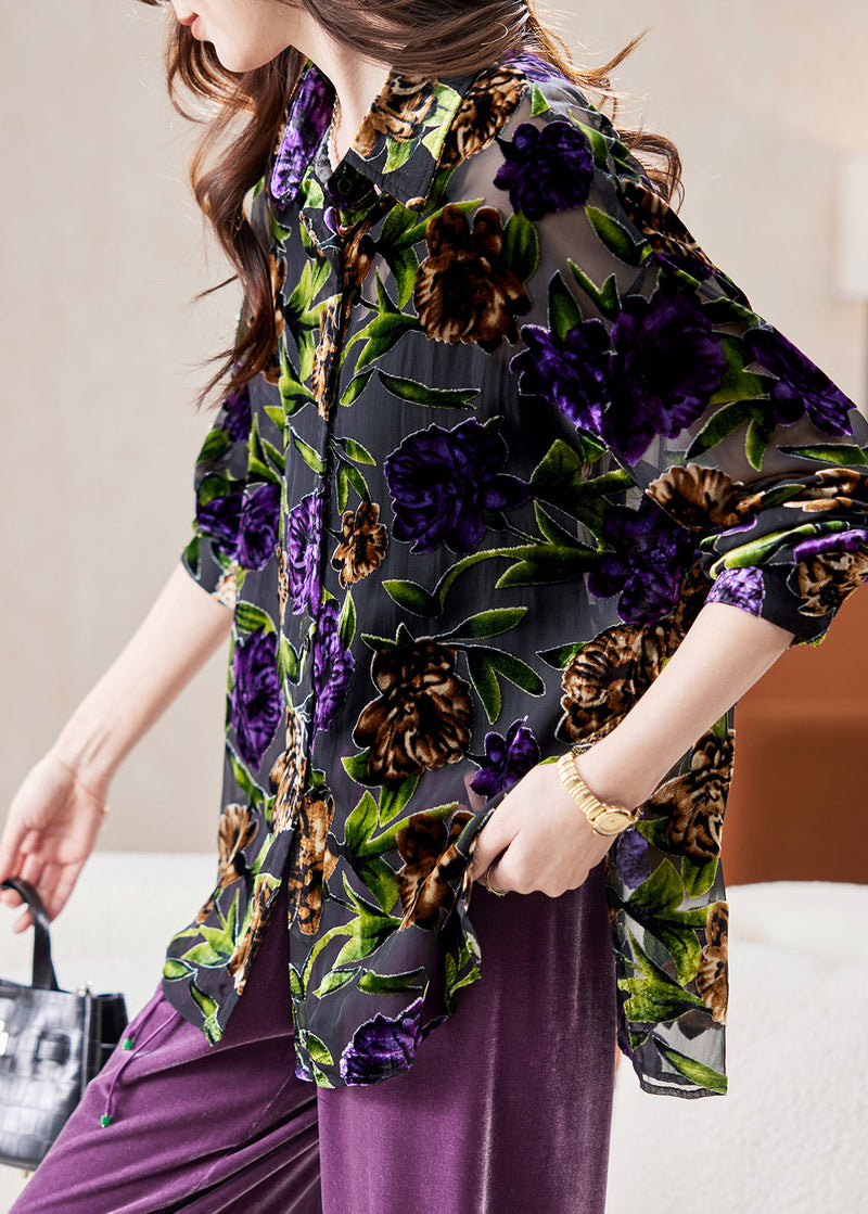 Handmade Green Peter Pan Collar Print Chiffon Shirts Spring