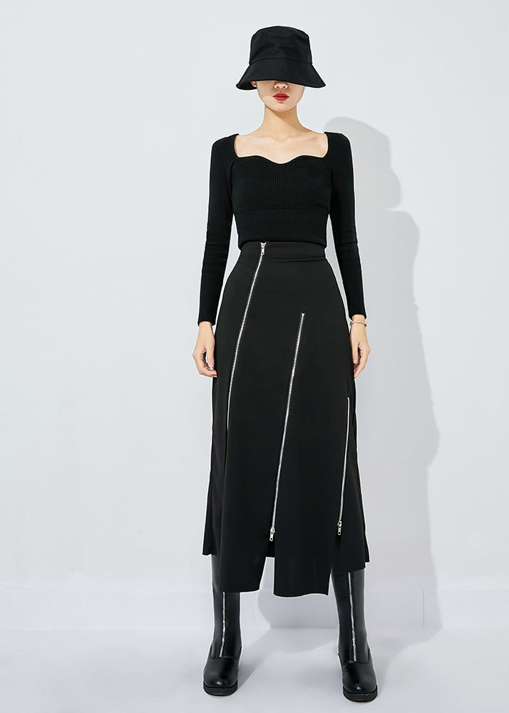 Slim Fit Black High Waist Zippered Side Open a Line Skirt Summer