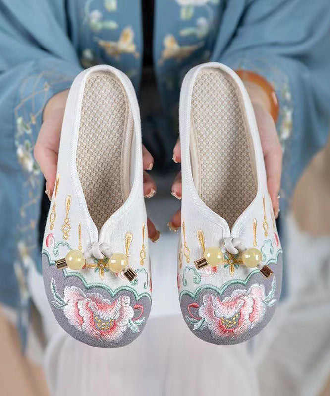 Grey Embroideried Cotton Fabric Splicing Slide Sandals