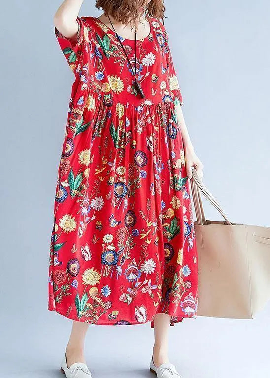Simple Red Print Cotton Clothes for O Neck Cinched Dresses Summer Dresses
