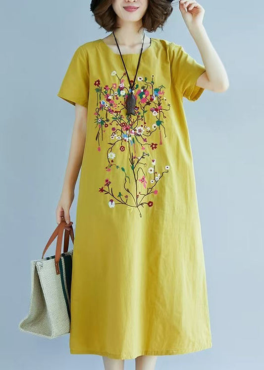 Yellow Fine Embroidered Linen Dress Summer