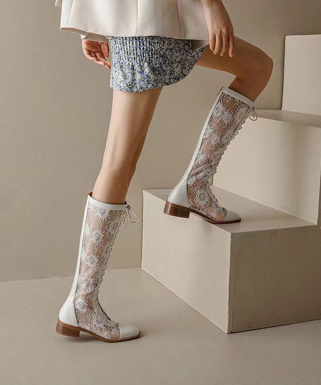 White Hollow Out Lace Up Chunky Boots
