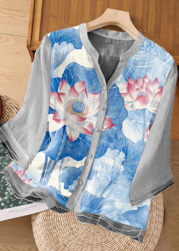 Blue Flower Embroidered Button Patchwork Linen Top Bracelet Sleeve