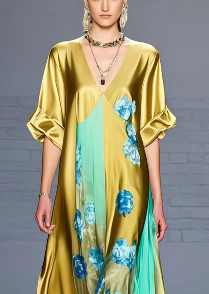 Grass Green V Neck Silk Dress Summer