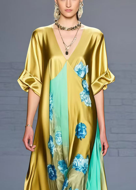 Grass Green V Neck Silk Dress Summer